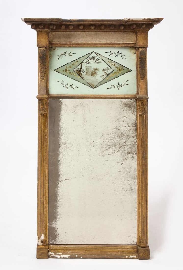 Federal Two-Part Mirror: Federal two-part mirror. Top segment with reverse-painted glass panel. Early mirror. 18th century. H 42 in. (Cornice) W 24-3/4 in. (Frame) W 20 in.