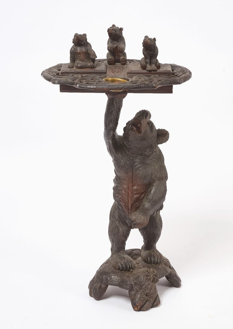 Black Forest Smoking Stand: Black Forest figural bear and tree smoking stand. Carved wood. Germany, late 19th century. H 35-1/4 in. (Top) W 18 in. D 15-1/4 in.