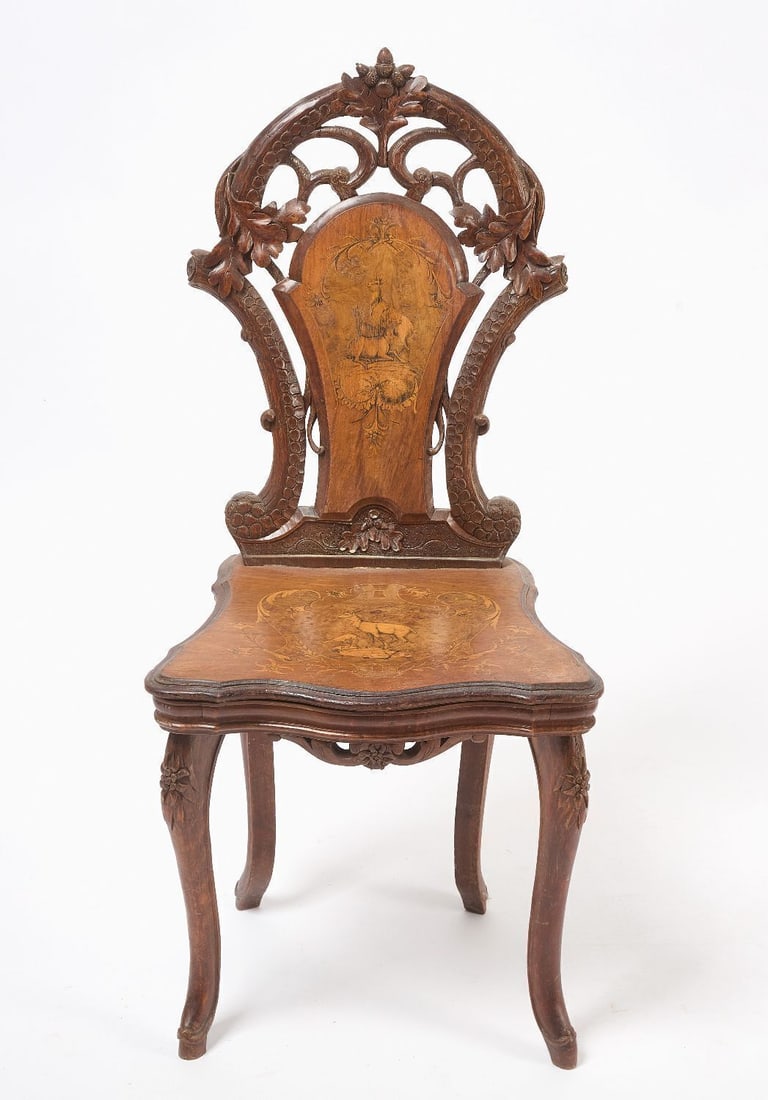 Black Forest Chair: Black Forest chair. Originally made to be a musical chair with music player under the seat, but is without the mechanism. German or Austrian, late 19th century. H 39 in. W 17-3/4 in. D 15 in.