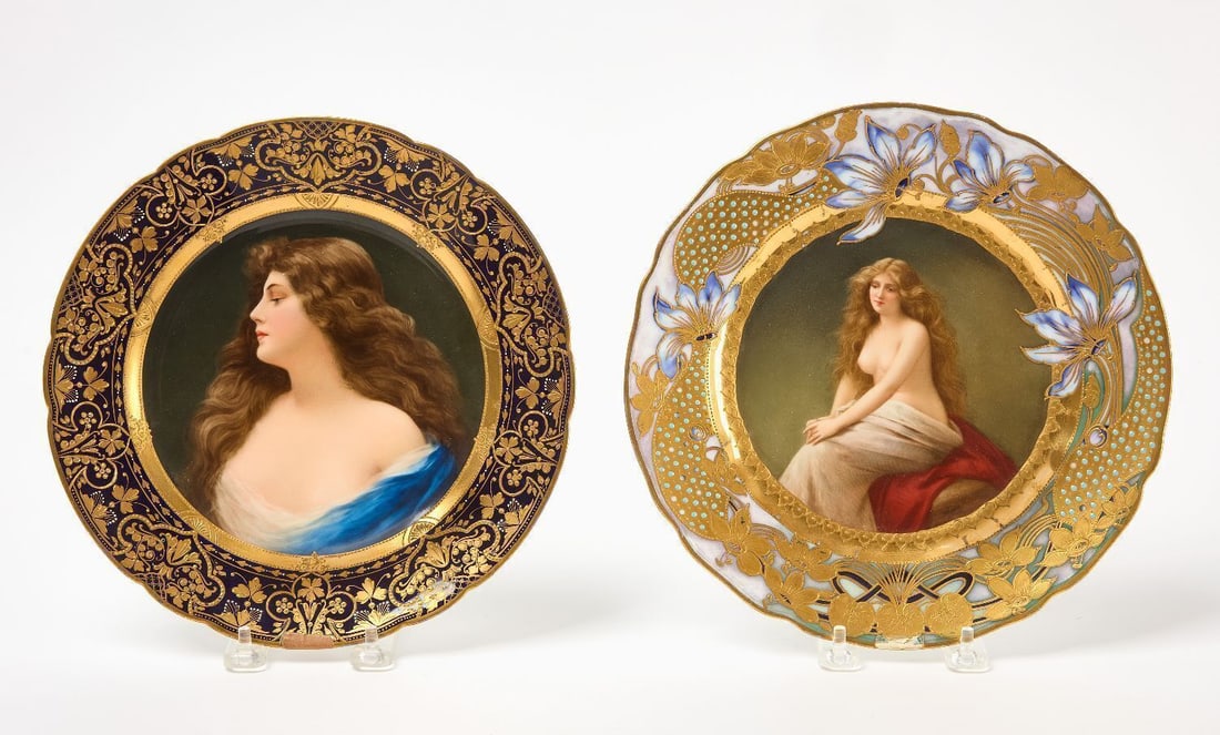 Two Porcelain Depose Portrait Plates: Two Depose portrait cabinet plates. 'Erbluht' and 'Solitude'. Porcelain. Germany, early 20th century. D 9-1/2 in. and D 9-5/8 in.
