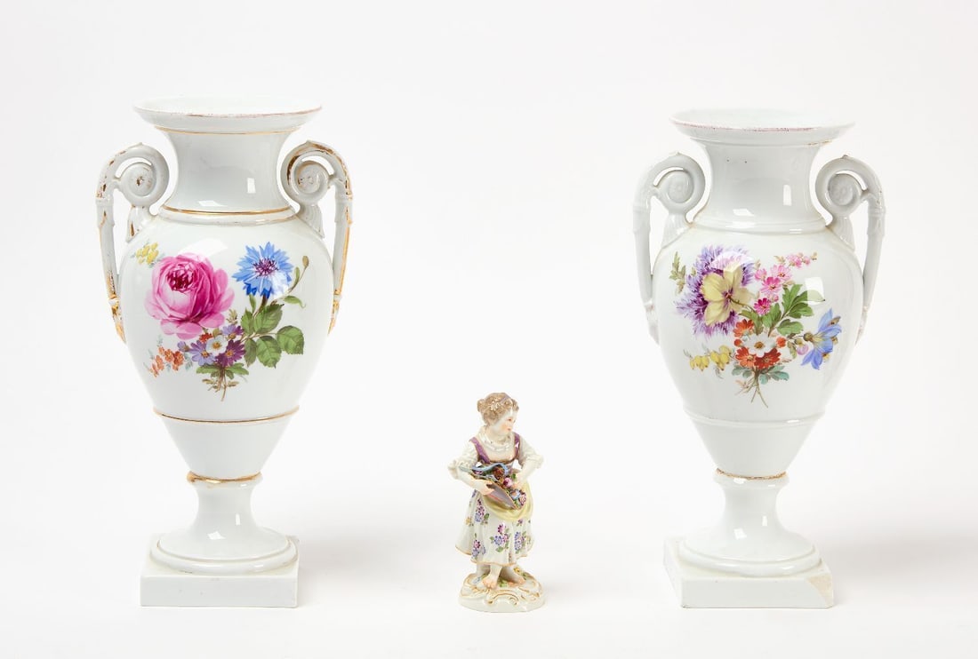 Pair of Meissen Vases and Figurine: Pair of Meissen vases. Together with a small Meissen figurine. Vases: H 11-1/2 in.Figurine: H 5-1/8 in.