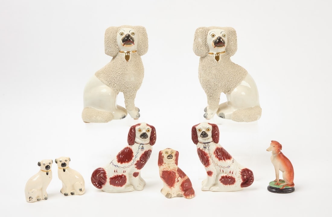 Group of Staffordshire Dogs: Group of Staffordshire dogs. Including three pairs and two singles. English, 19th century. Pairs: H 9-3.4 in. 7 in and 3-3/4 in. Singles: H 5-1/4 in and 5-3/8 in.