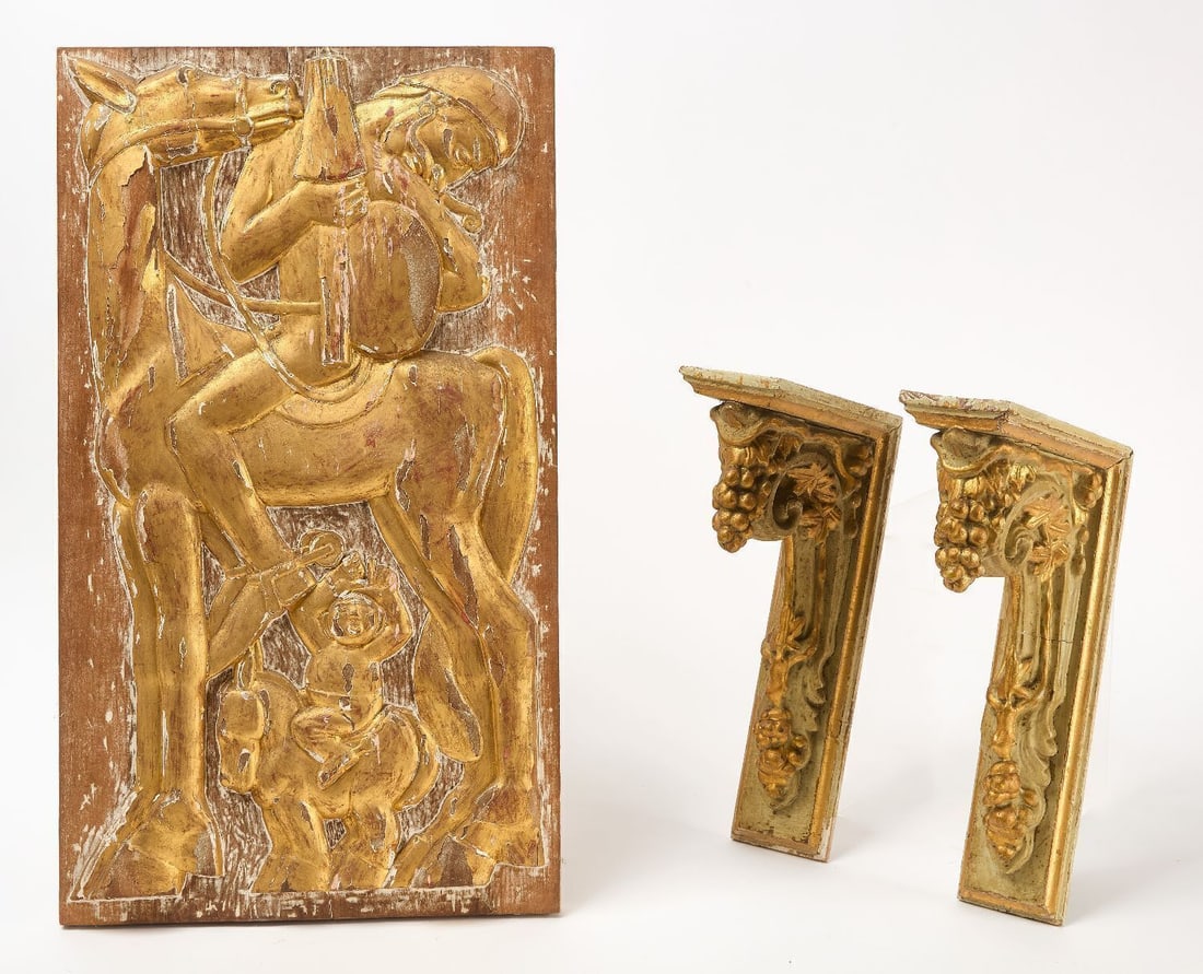 Carved Plaque and Pair of Gilt Wall Brackets: Carved wood plaque. Together with a pair of gilt and painted wood wall brackets. 20th century. H 24-1/2 in. W 13-3/4 in. L 13-1/4 in. W 8-1/4 in.
