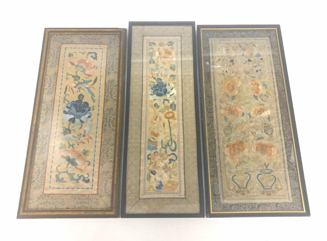Three Chinese Silk Embroidered Panels: Three Chinese silk embroidered panels. Removed from robes. Newer frames. 19th - early 20th century.Frames: H 22-1/2 in. W 10-1/4 in.H 22-1/2 in. W 10-3/8 in.H 23-1/2 in. W 8-3/8 in.