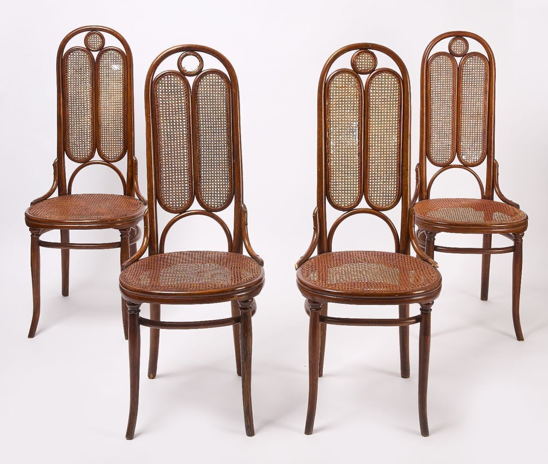 Set of Four Thonet Bentwood and Caned Chairs, No. 16: Set of four Thonet bentwood and caned No. 16 chairs. Cane seats and backs. Retains original paper labels underneath seats. Europe or US, late 19th century.H 45-1/4 in. W 17-1/2 in. D 17-3/4 in.SH 18-3