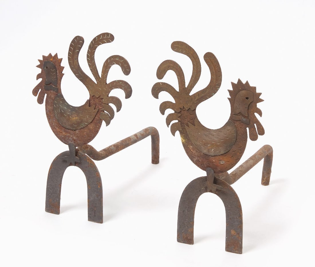 Pair of Rooster Andirons: Pair of rooster andirons. Copper over iron. Likely France, early 20th century. H 16-3/4 in. W 9-1/2 in. L 16-1/2 in.