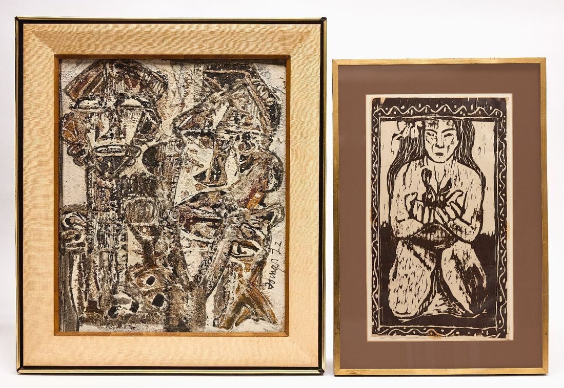 Two Mid-Century Figural Works: Two mid-century figural works. Includes an untitled piece by Georges Ebrin Adingra (Ivorian/French,1933-2005), comprised of oil and sand on burlap mounted to board. Signed to LR and dated 1972. George
