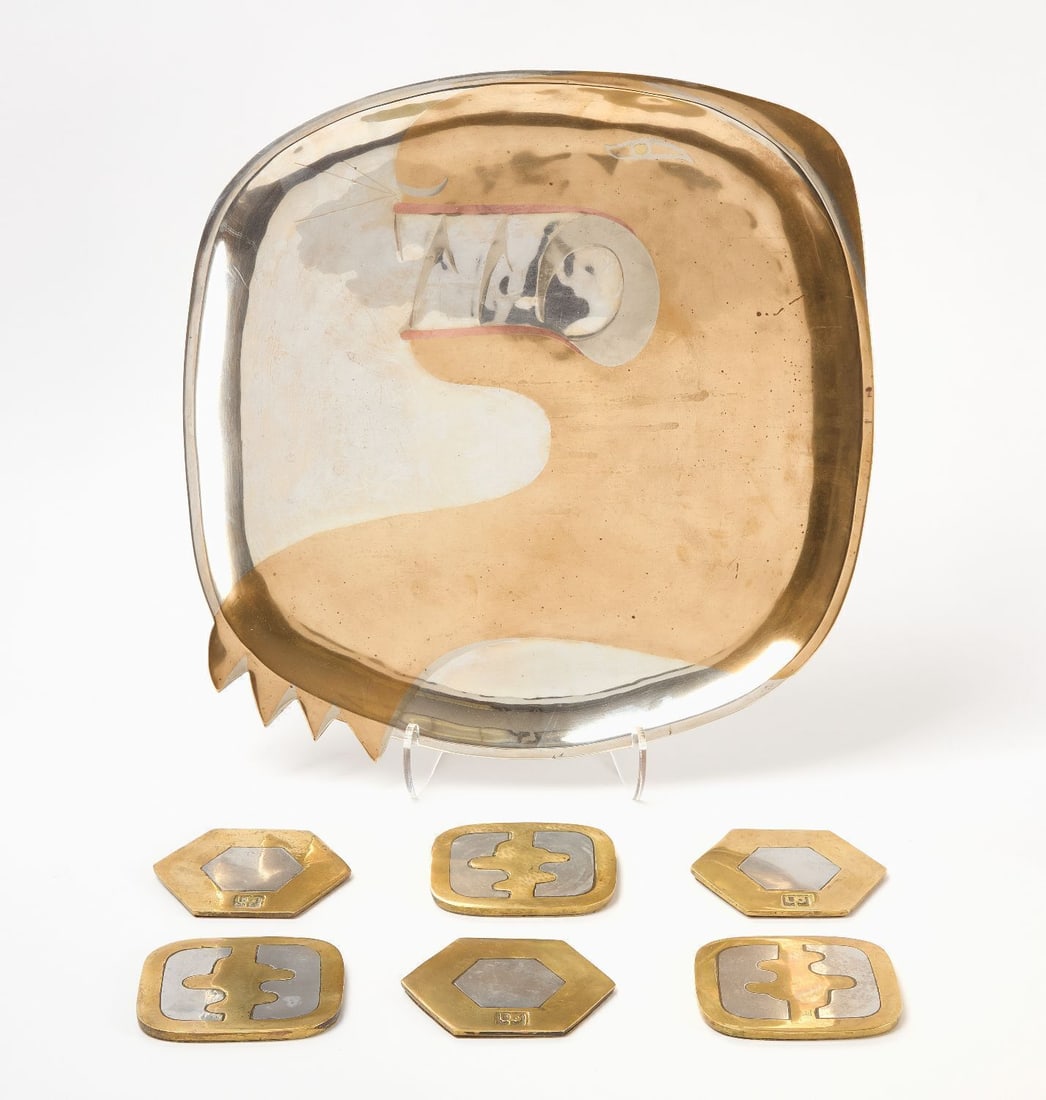 Set of Six David Marshall Coasters and Modernist Tray: Set of six coasters by David Marshall. Brass and aluminum. Together with an unsigned modernist tray with dinosaur or dragon. Coasters: L 4 in. W 3-3/4 in.Tray: L 15-3/4 in. W 15-3/4 in.