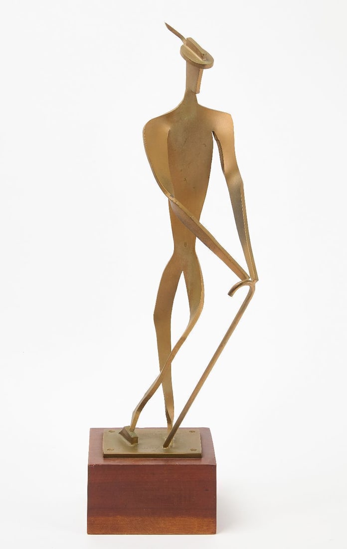 Mat Strumor - 'Jim Dandy' Sculpture, 1961: Bronze figural sculpture of a man with cane named 'Jim Dandy'. Signed on base 'Mat Strumor, 1961'. On a wood base. H 27 in. W 8 in. D 8 in.