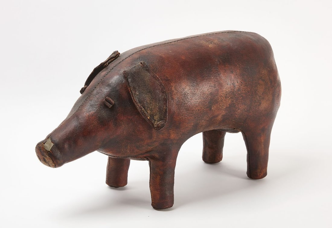 Leather Pig Footstool: Omersa pig footstool. Leather exterior, early 20th century.H 14 in. L 25 in. W 9-3/4 in.