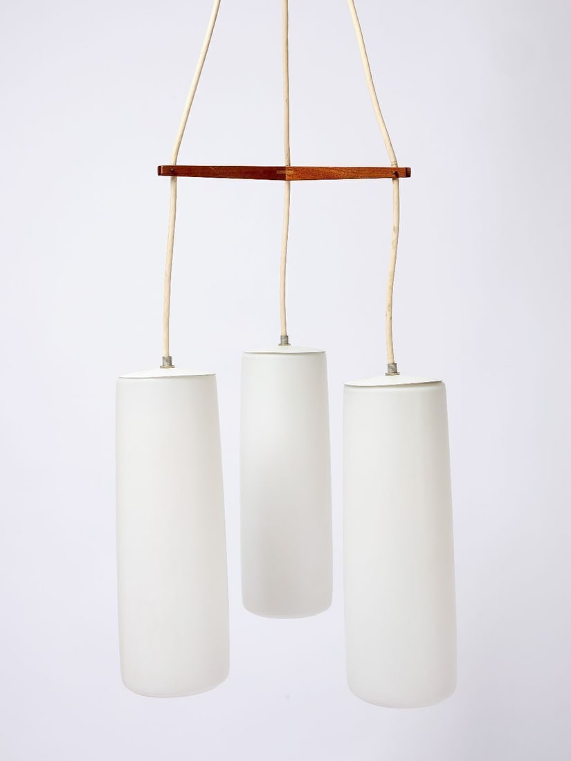 Presco-Lite Hanging Modern Light Fixture: Modern hanging light fixture by Presco-Lite, Berkley California, circa 1965. Three cylindrical hanging glass shades with teak or walnut arms. H 27 in. Cylinder: H 15-1/2 in. Open: D 4-1/2 in.