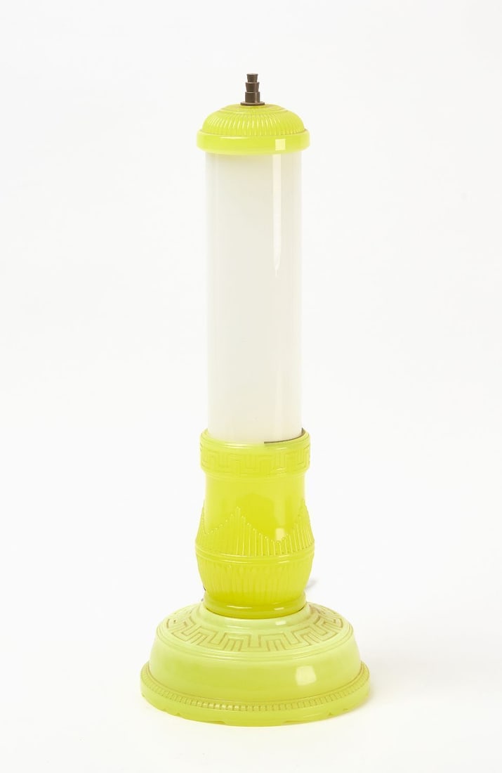 Eureka Tea 'All-Lite' Flourescent Table Lamp: Eureka Tea 'All-Lite' Flourescent Table Lamp. Yellow vaseline glass. circa 1920. H 20 in.
