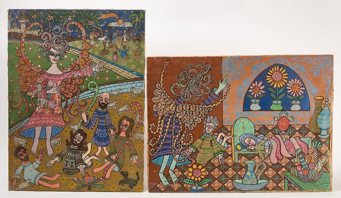 Two Folk Art Paintings, 1968: Angel -Two folk art paintings. Acrylic on canvas mounted to stretcher. Signed LL and LR respectively; both dated 1968. H 31-1/2 in. W 23-5/8 in. and H 21-1/2 in. W 31-3/4 in. 