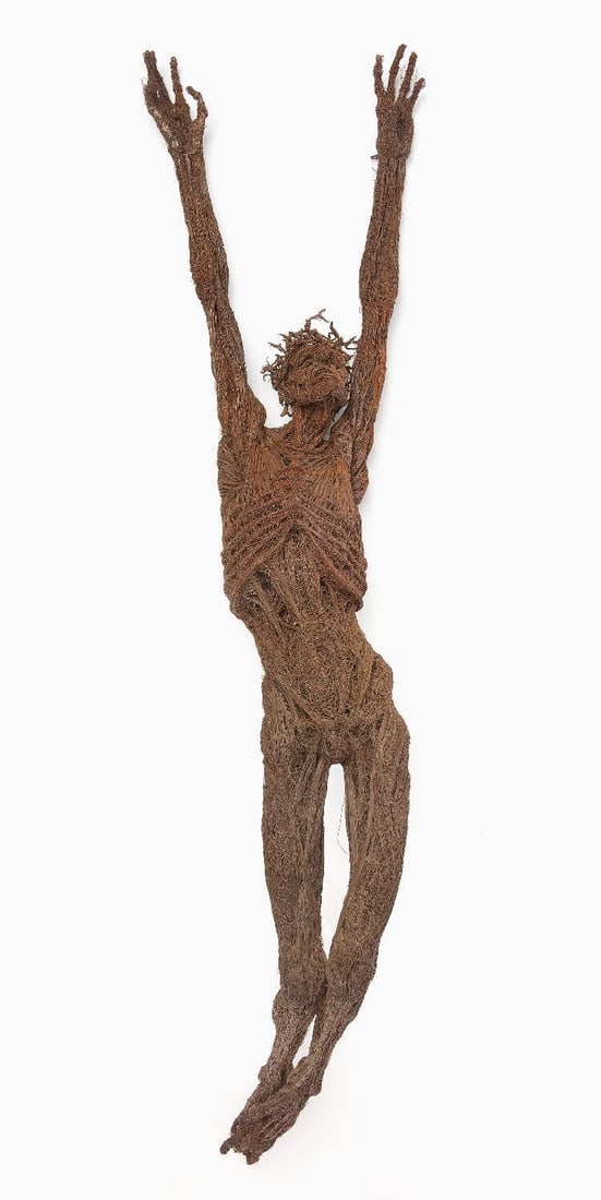 Wire Figure of Christ: Figure of Christ in a crucified pose, wearing a crown of thorns. Wire sculpture. Age/origin unknown. H 42 in.