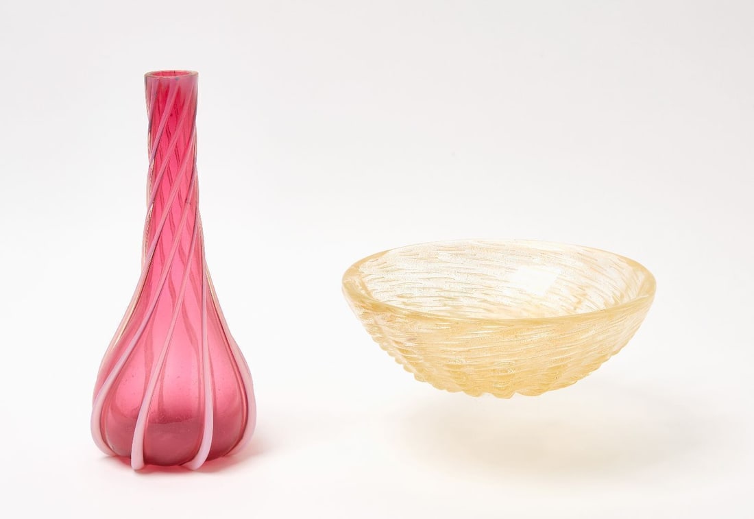 Murano Glass Bowl and Art Glass Vase: Murano glass bowl. Together with an art glass vase. Mid 20th century. H 3-1/8 in. D 9-5/8 in. and H 11-5/8 in. 