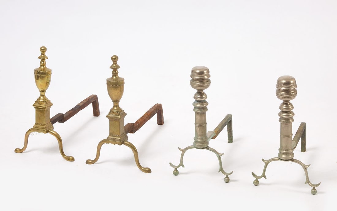 Two Pairs of Andirons: Two pairs of andirons. One 18th c. pair in brass, vasiform. Together with a zinc or aluminum pair, 19th c.H 16 in. L 19-1/4 in. W 9-3/4 in. H 15-1/2 in. L 14-3/4 in. W 9 in. 