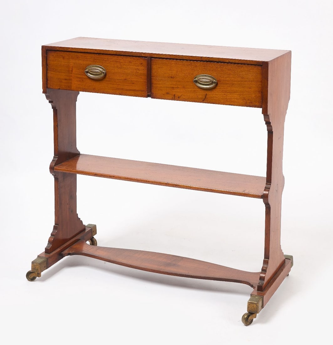 Georgian Era Serving Table: Georgian era serving table with two drawers, one shelf, brass casters and pulls. England, early to mid 19th century.H 36-3/4 in. W 37-1/8 in. W (top) 36 in. D 