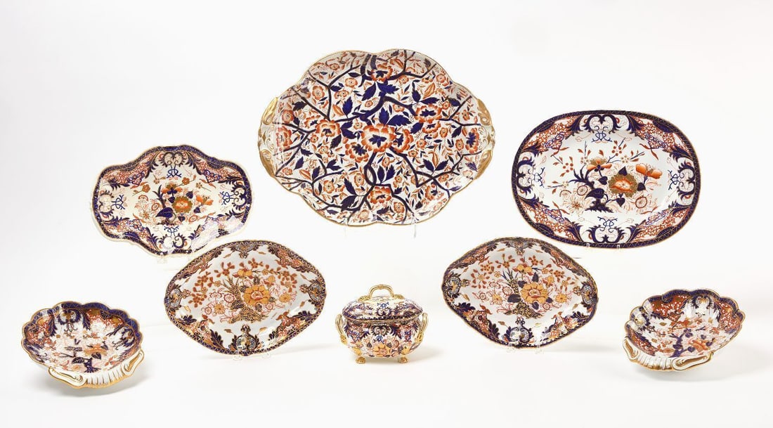 Group of Crown Derby Porcelain: Group of Crown Derby porcelain. Including a large platter, small oval covered serving dish, pair of small shell serving dishes.pair of small open vegetable dishes plus one other serving dish and