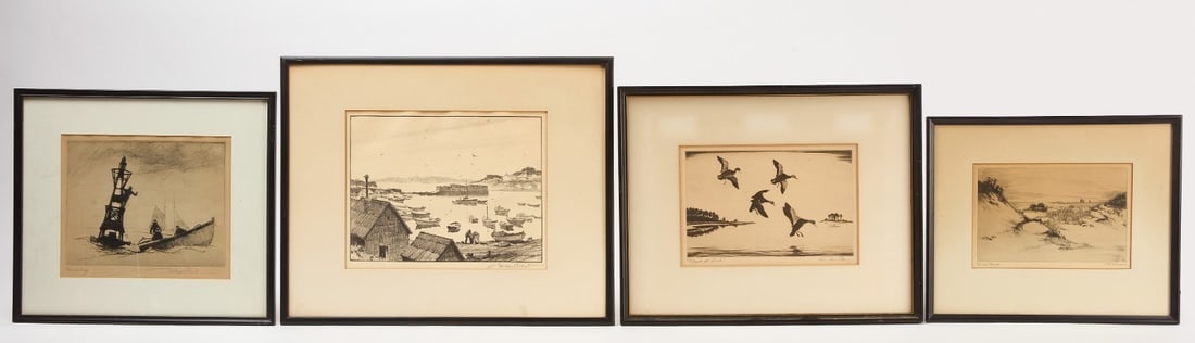 Four Coastal Signed Engravings: Four nautical or beach themed engravings on paper. All pencil signed. 3 framed under glass. 2 by Gordon Grant, another by E. R. Warren, and the last Churchill Ettinger 'Beaches at Dusk'.