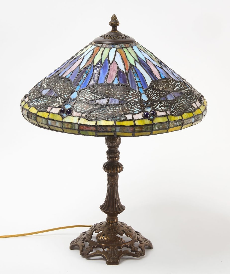 Slag Glass Lamp with Dragonfly Shade: Slag glass lamp with dragonfly shade mid 20th century. H 21-1/2 in. (Shade) D 13-1/4 in. 