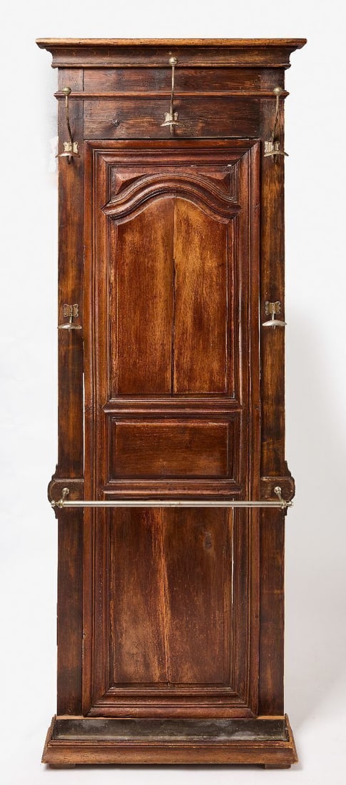 Hall Tree: Hall tree - Umbrella stand. Carved with raised panels and brass mounts. English, mid to late 19th century. H 84-1/4 in. W 32 in. D 5-1/2 in.
