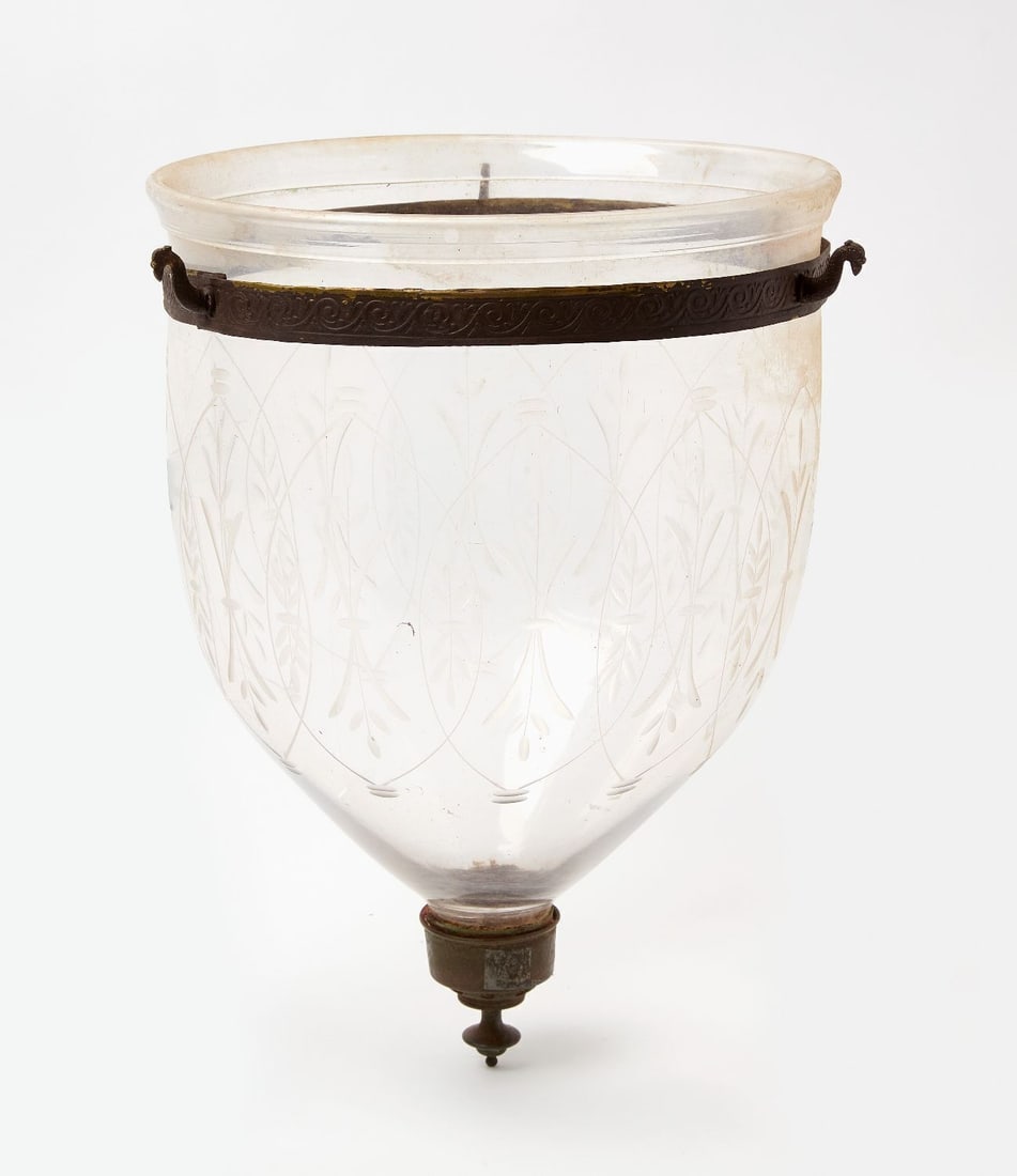 Etched Glass Hanging Lantern: Etched glass hanging lantern. 19th century.H 17 in. D 12-1/8 in.