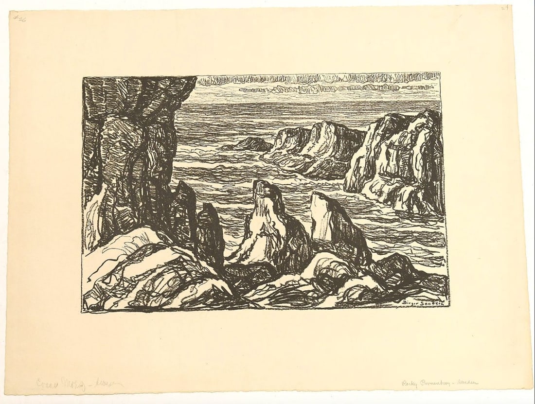 Birger Sandzen - Rocky Promontory, Sweden: Birger Sandzen (1871 - 1954) - Print of 'Rocky Promontory, Sweden' on paper, artist's signature is noted in the LR corner. Unframed. H 19-3/4 in. W 25-1/2 in. Condition: Minor edge wear. &