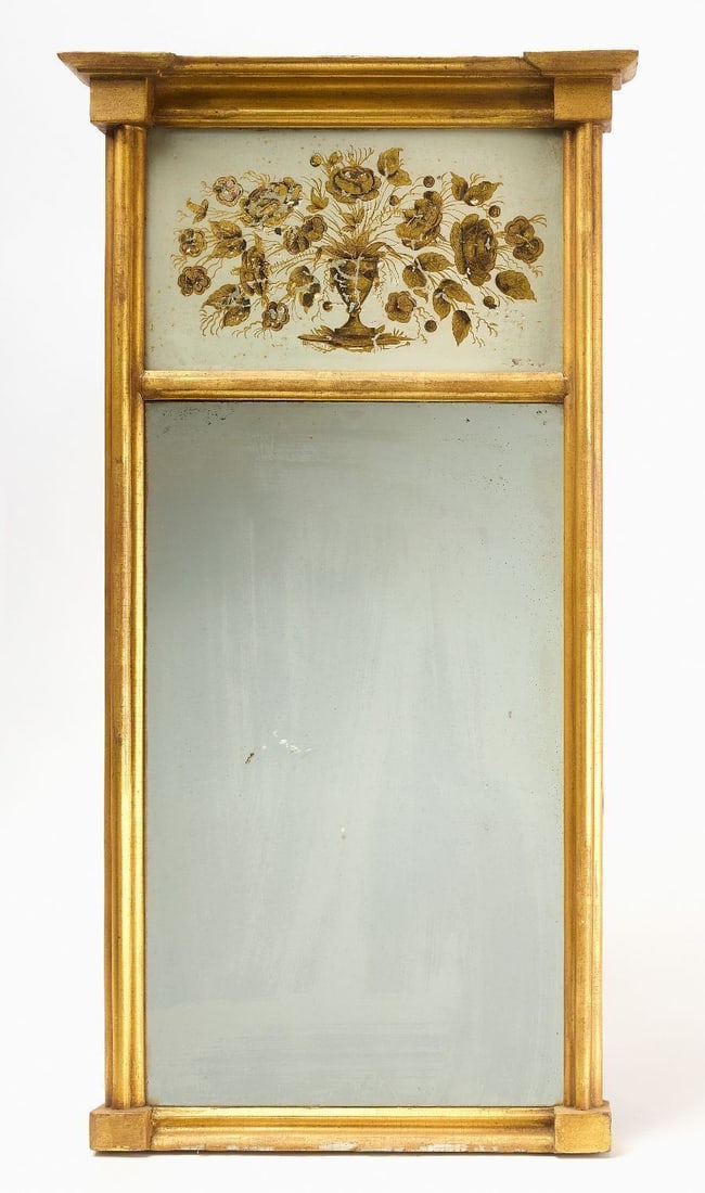 Two-Part Gilt Mirror with Vase of Flowers: Two-part gilt mirror with top panel depicting a vase of flowers. Corner-block frame. American, circa 1810.H 33-1/4 in. (Cornic) W 17-1/2 in. (Frame): W 15-1/4 in.