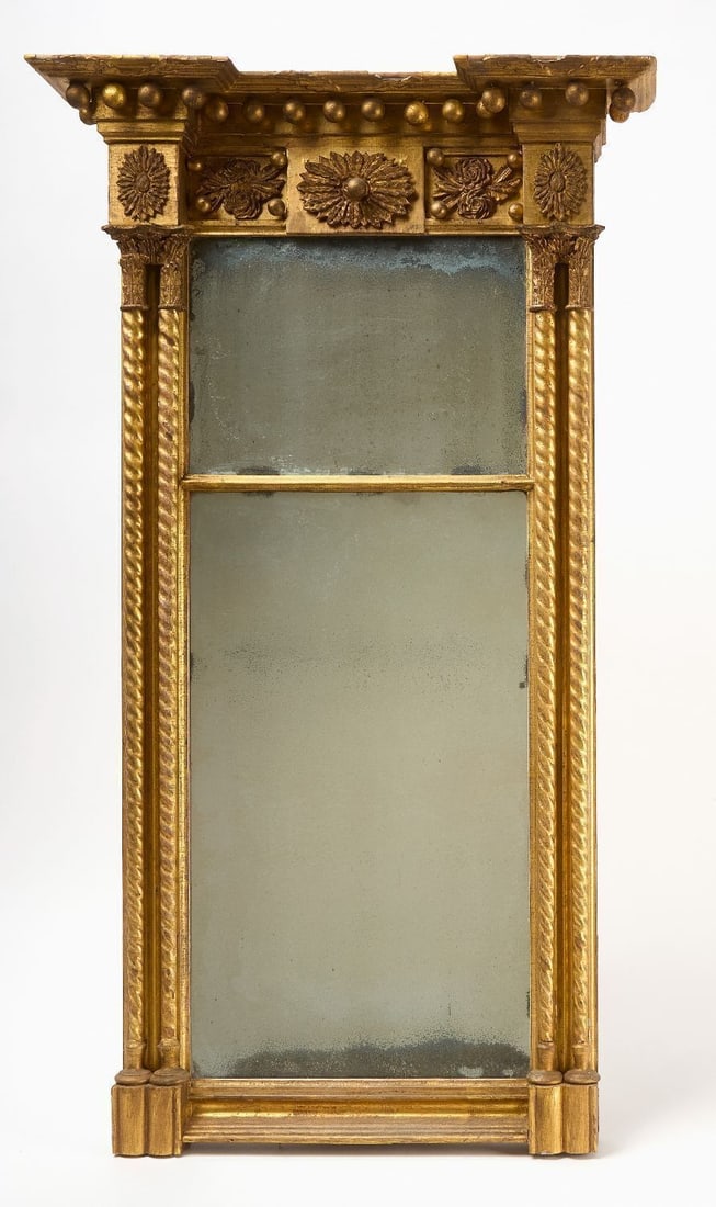 Federal Two-Part Mirror: Federal two-part mirror with spiraled columns. American, circa 1800. H 42-1/2 in. (Cornice) W 24 in. (Frame) W 19-1/2 in.