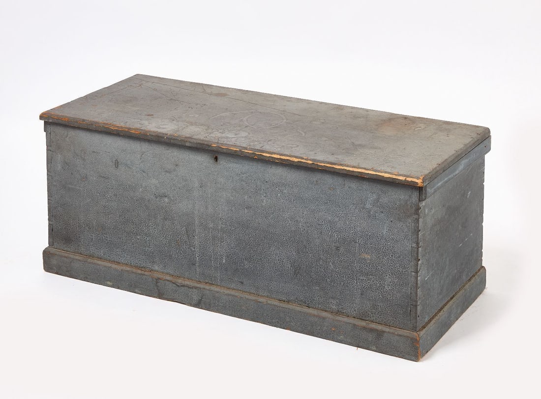 Blanket Chest in Blue Paint: Blanket chest in original blue paint. Pine. Forged nail and dovetailed construction. American, 19th century.H 16 in. W 40 in. D 17 in. Provenance: Mountain Road Antiques (Mass.), 1986.