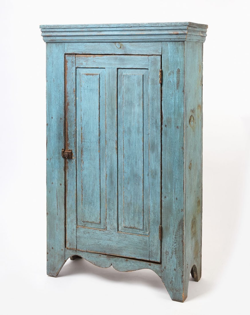 Country Jelly Cupboard in Blue Paint: Tall jelly cupboard in robin's egg blue paint. American, circa 1900.H 60 in. W 34-1/4 in. D 13-1/2 in.