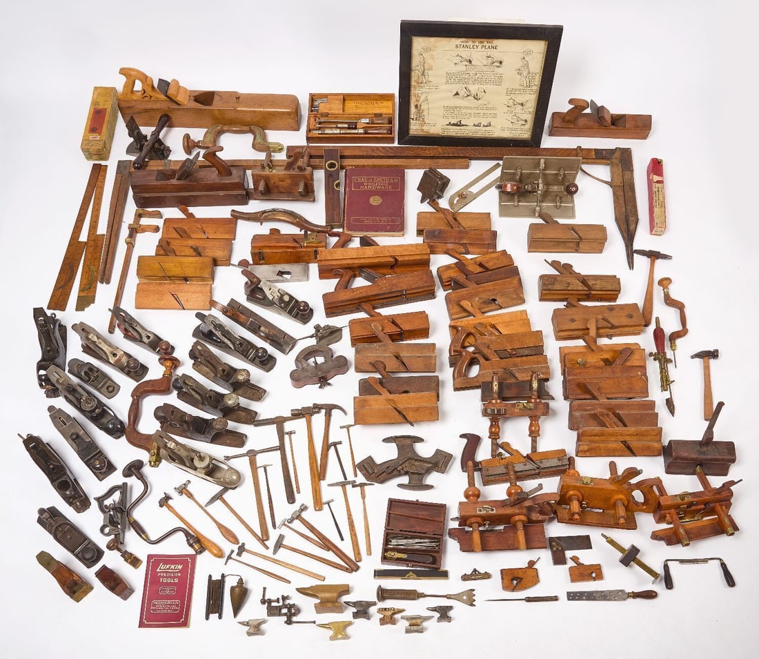 Large Collection of Early Tools - Woodworking, Planes, etc: Large estate collection of early tools. Includes woodworking and hand planes, combination planes, anvils, small hammers, hand crank drills, several small cased drill sets, 'How to Use the Stanley