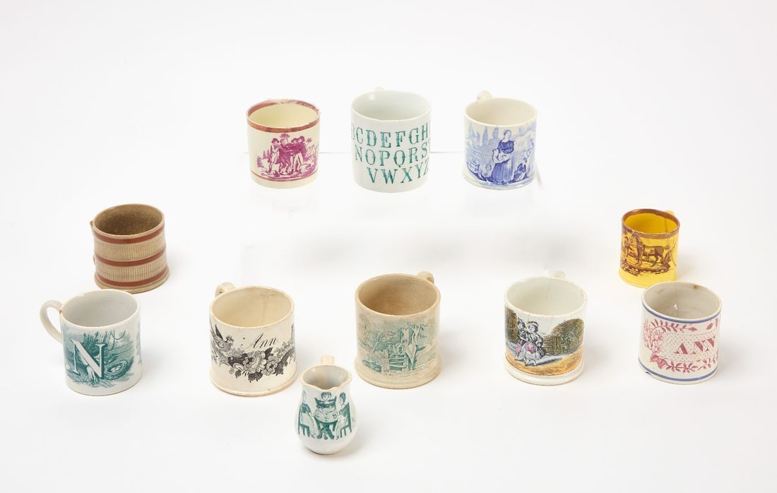 Group of Children's Mugs: Group of ten children's mugs including alphabet mugs, a canary mug, scenes of children, a mocha mug, etc. Pearlware, made in Great Britain, 1820-1880. H (tallest) 2-3/4 in. 