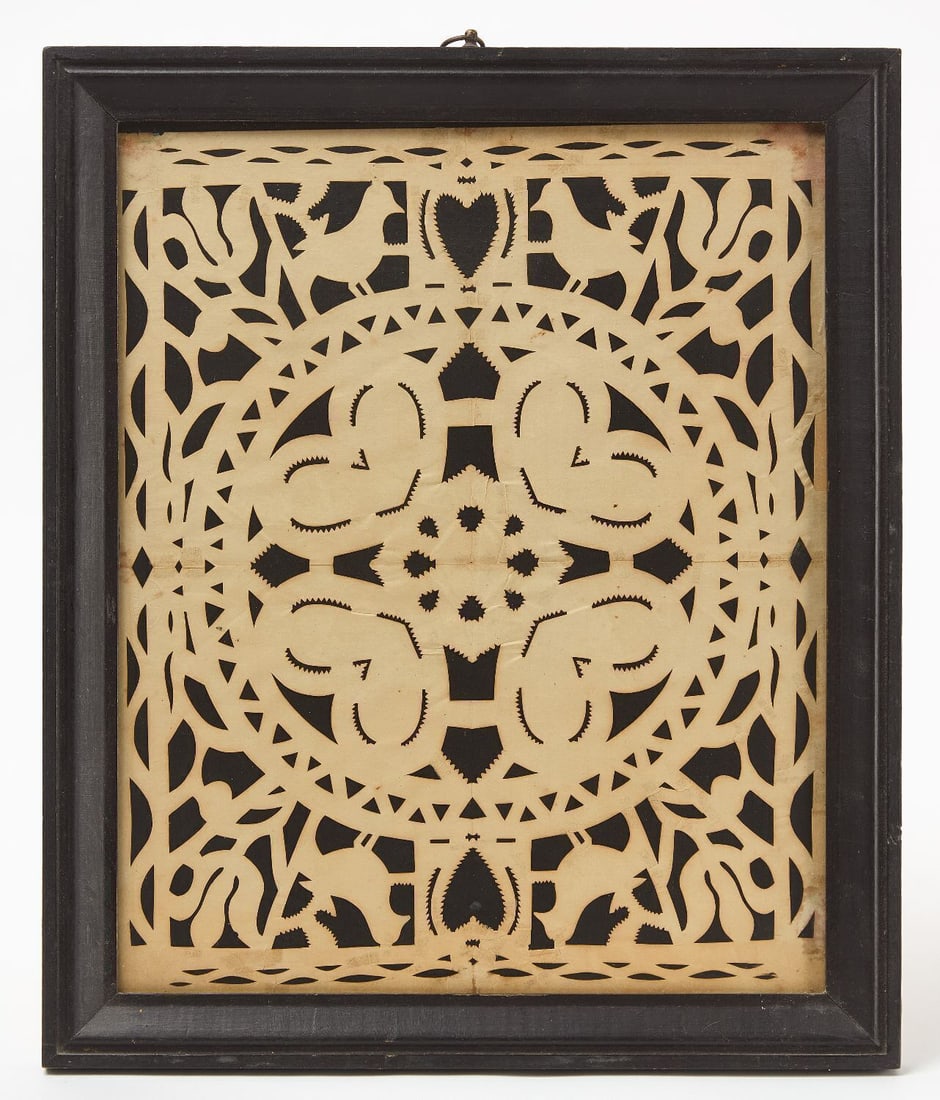 Large Scherenschnitte with Hearts and Birds: Large scherenschnitte (papercut) valentine with hearts and birds. American, mid 19th century. Frame: H 17-3/4 in. W 15 in. Sight: H 15 in. W 12-1/4 in. 