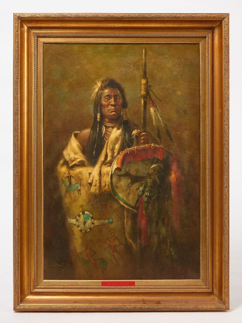 K. Montiel Crazy Horse Painting: K, Montiel Crazy Horse painting Oil and Canvas signed K, Montiel LL.Frame: H 44-1/4 in. W 32-1/4 in.Canvas: H 36 in. W 24 in.