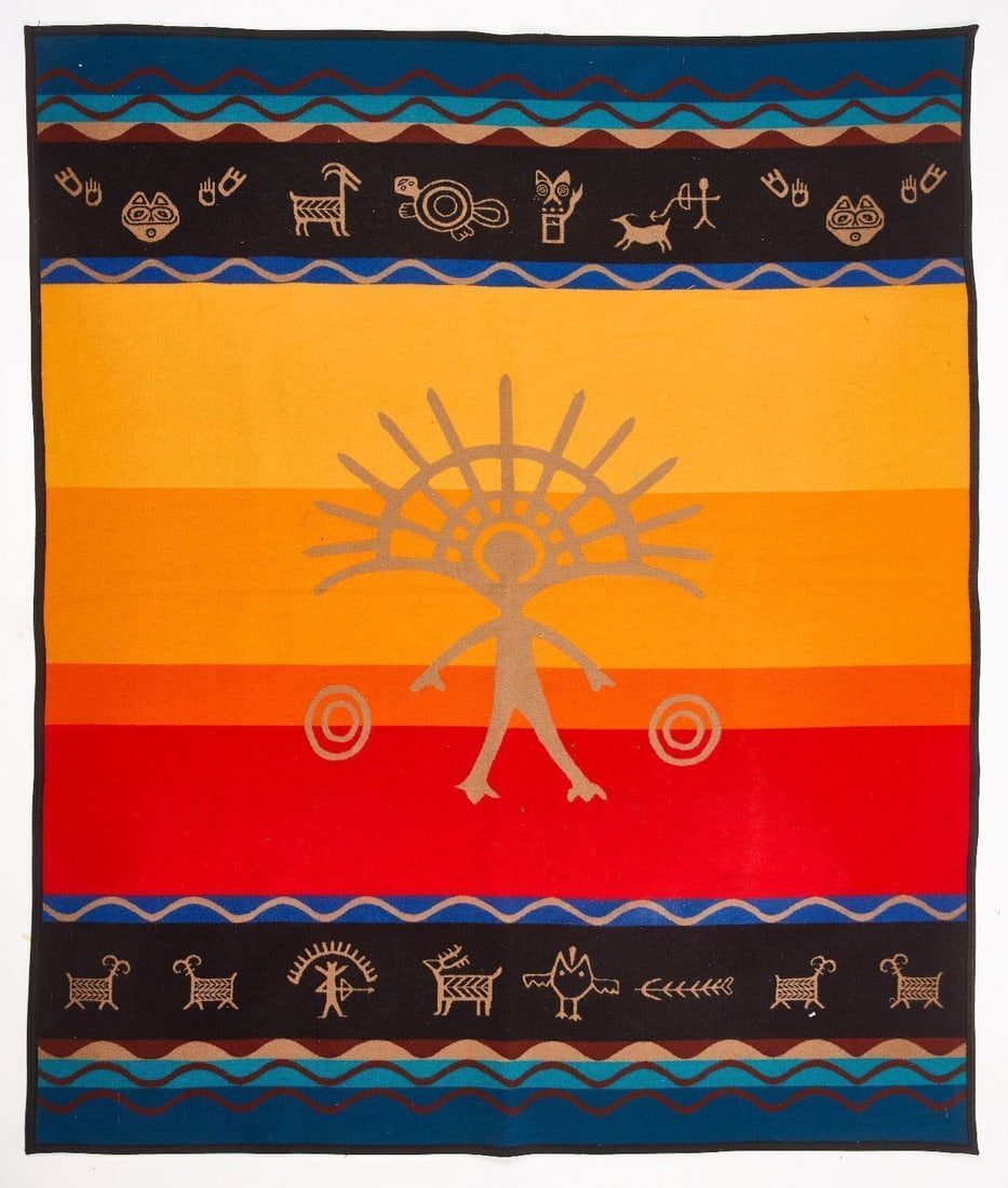 Two Pendleton Blankets: Two Beaver State Pendleton wool blankets one with geometric Native America inspired design one "Spirit Quest" with inspired motifs. Mid-20th century.L 75 in. W 63-1/2 in.L72 in. W 51-1/2 in.
