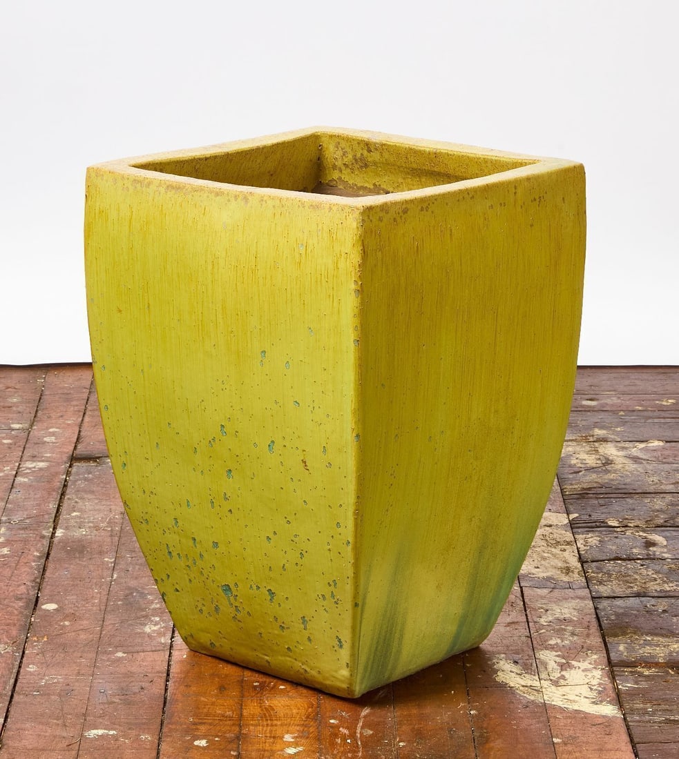 Large Ceramic Planter in Green Glaze: Larger ceramic/pottery planter in light green glaze. Stamped 'Vietnam' inside upper body. Late 20th century. H 23-1/2 in. W 17 in. D 17 in.