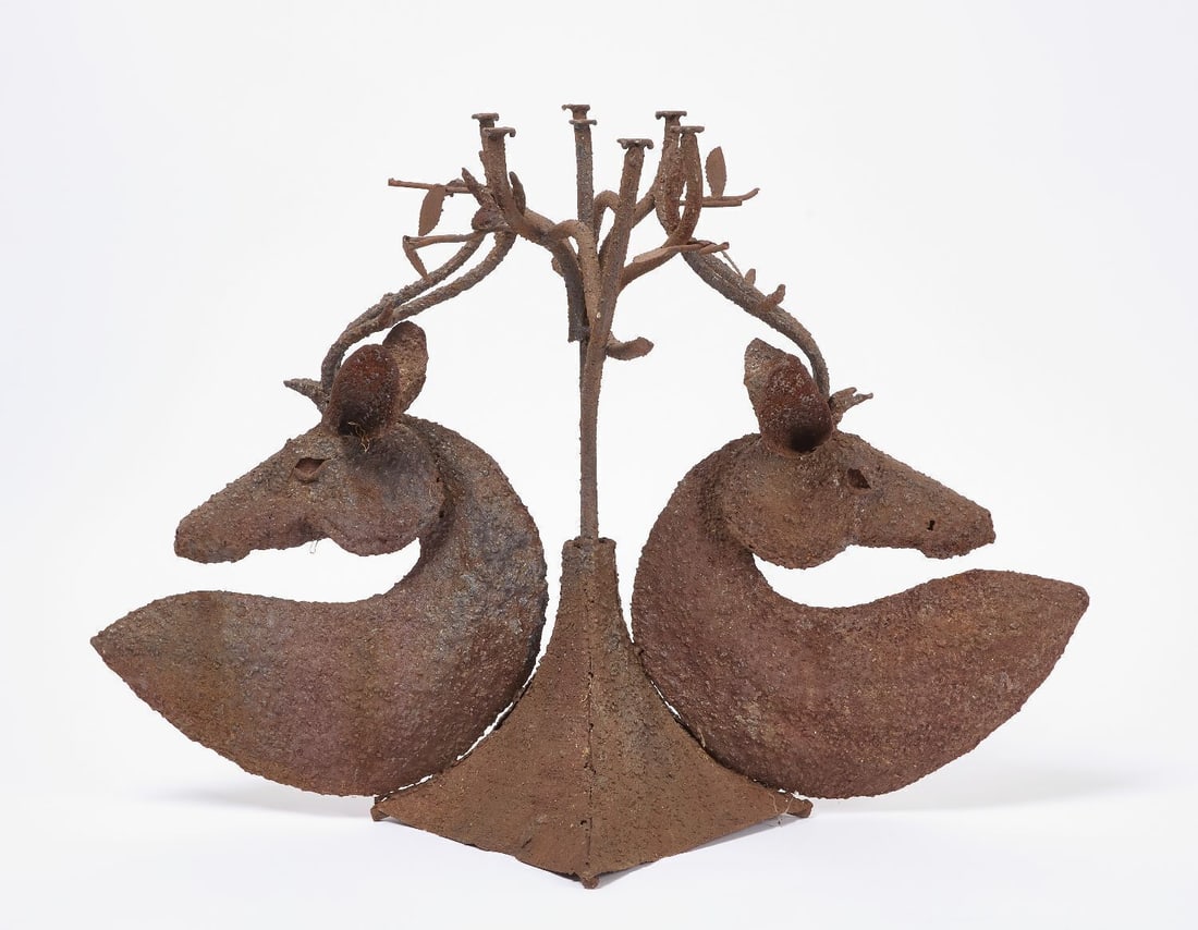 Brutalist Iron Stag Cocktail Table: Brutalist iron stag table. H 29-1/2 in. L 41-1/2 in. Top: D 34 in.