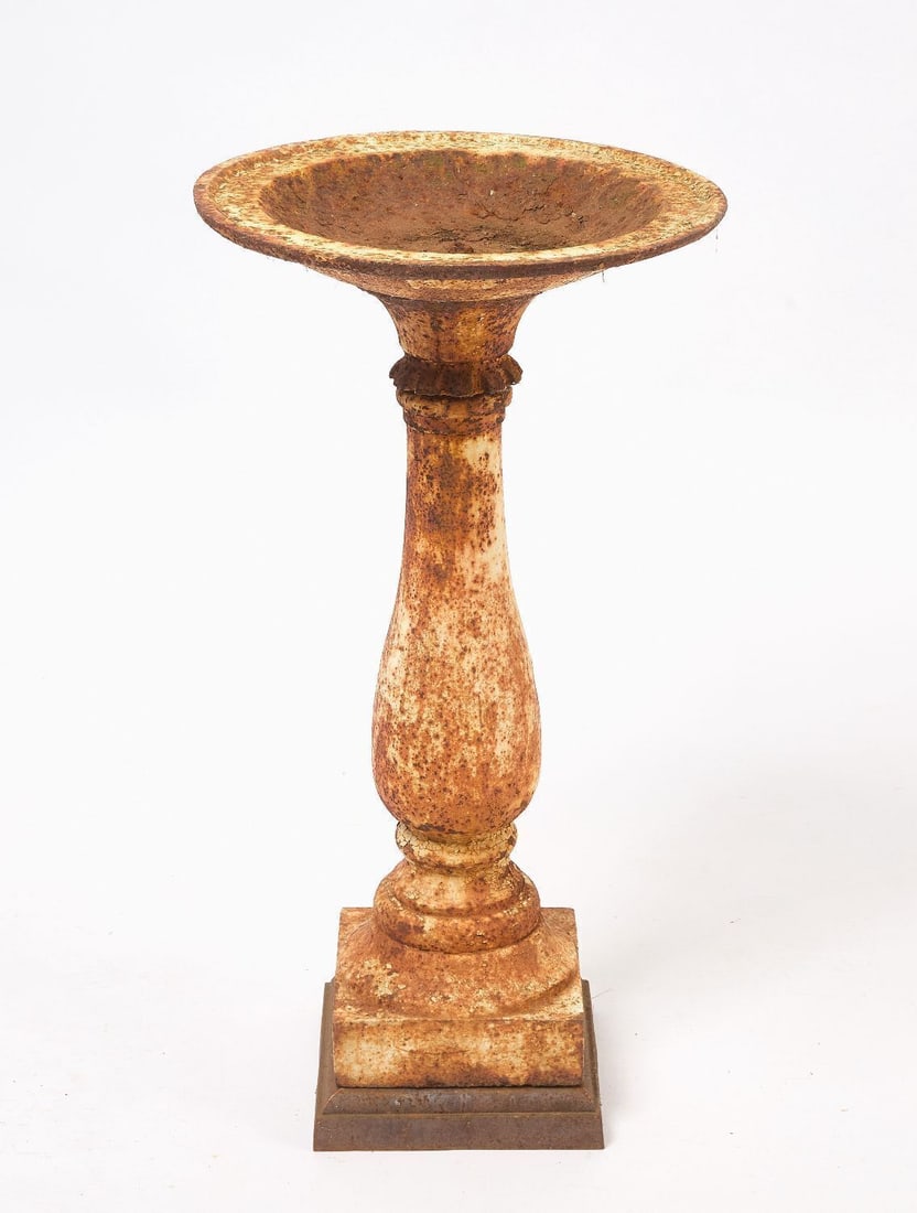 Cast Iron Bird Bath: Bird bath in 3 sections - dish, pillar, and plinth/base. Cast iron in old white paint. American, late 19th-early 20th century. H 31-3/4 in. D 16-5/8 in.