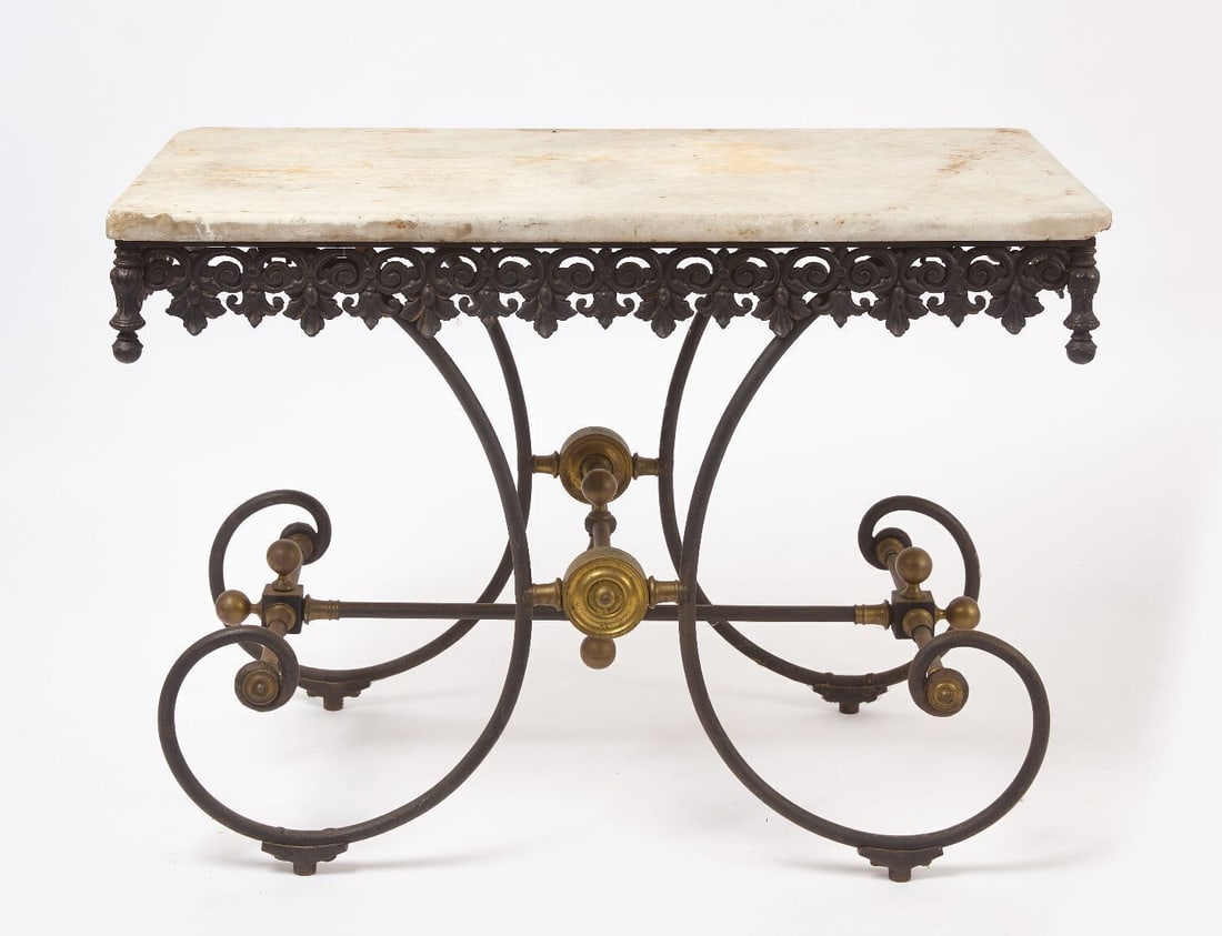 French J. Mareschal Baker's Table: Baker's table signed on top of frame J. Mareschal, Paris. Wrought iron with marble top. France, early 20th century. H 34 in. W 43 in. D 23-1/2 in. 