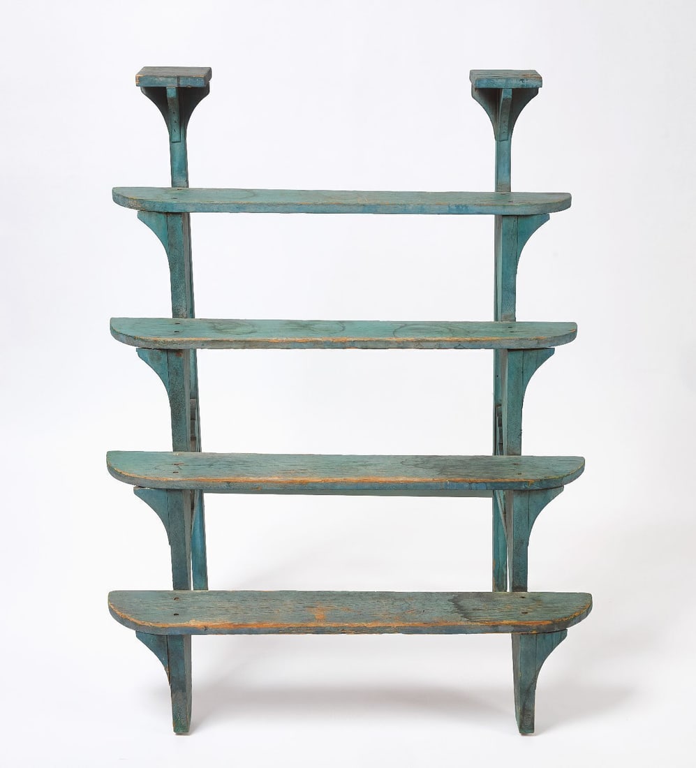 Painted Tiered Shelf: Tiered shelf or stand in old blue/green paint. American, late 19th century. H 46-1/4 in. W 35-3/4 in. D 22-1/4 in.