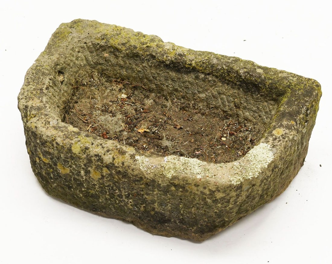 Early 'D' Shaped Stone Trough: Early small 'D' shaped carved stone trough. English, circa 1800. H 6-1/2 in. W 18 in. D 11-1/2 in.