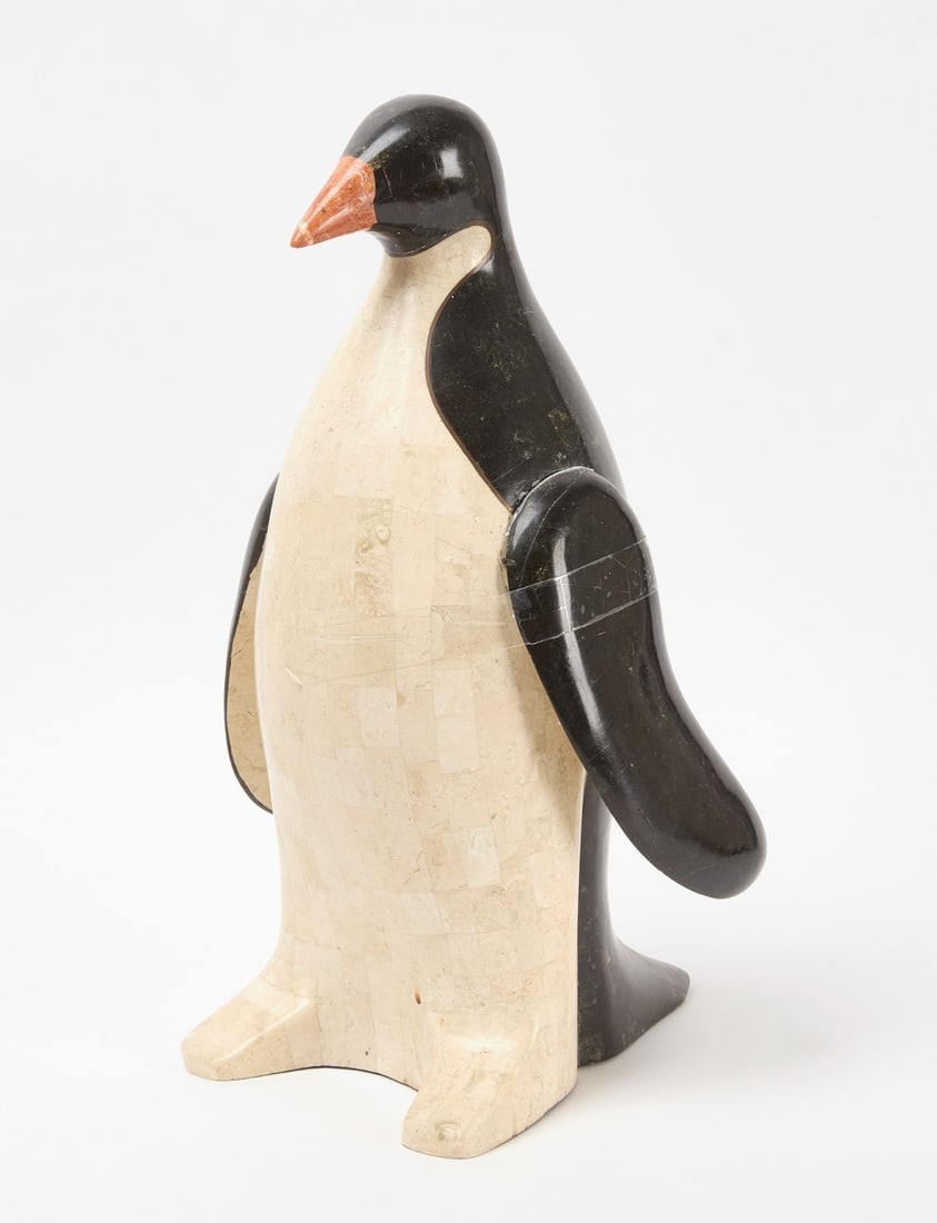 Stone Penguin Figure: Stone penguin figure. Comprised of three types of stone/marble. American, late 20th century. H 19-1/2 in.