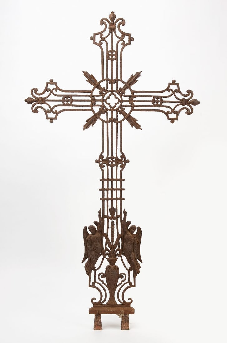 Antique Cast Iron Cross with Angels: Antique outdoor cast iron cross. Features two angel figures and wheat motif. Late 19th century.H 50 in. W 27 in.