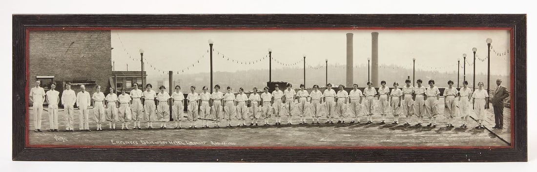 Photograph of the Davenport Hotel Laundry Employees, 1926: Framed photograph of the Davenport Hotel Laundry employees. Dated 1925-26. Signed by photographer LL. Frame: H 8-3/4 in. W 31 in. Sight: H 7 in. W 29 in.