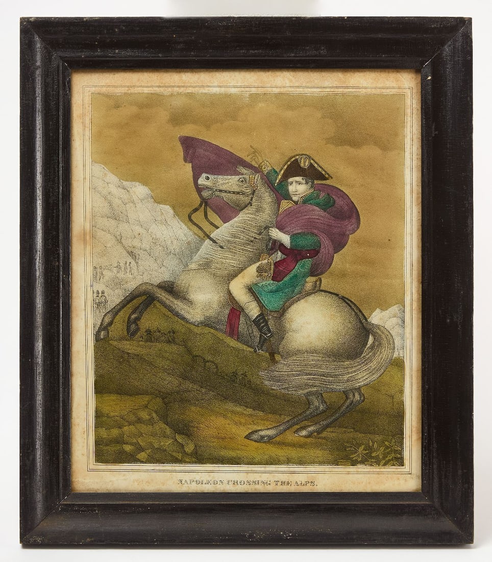 Chromolithograph of Napolean Crossing the Alps: 'Napolean Crossing the Alps'. Chromolithograph on paper. Period wood frame. American, late 19th century. Frame: H 20-1/4 in. W 17-1/4 in. Sight: H 16-1/4 in. W 13-1/2 in. 
