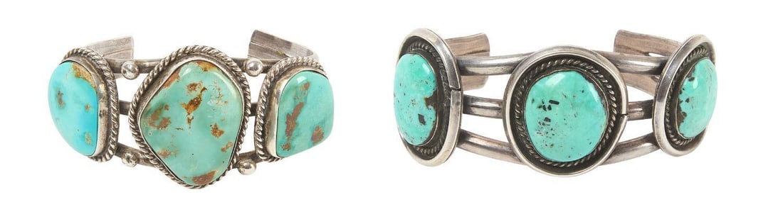 Two Navajo Silver and Turquoise Cuff Bracelets (1 of 5)