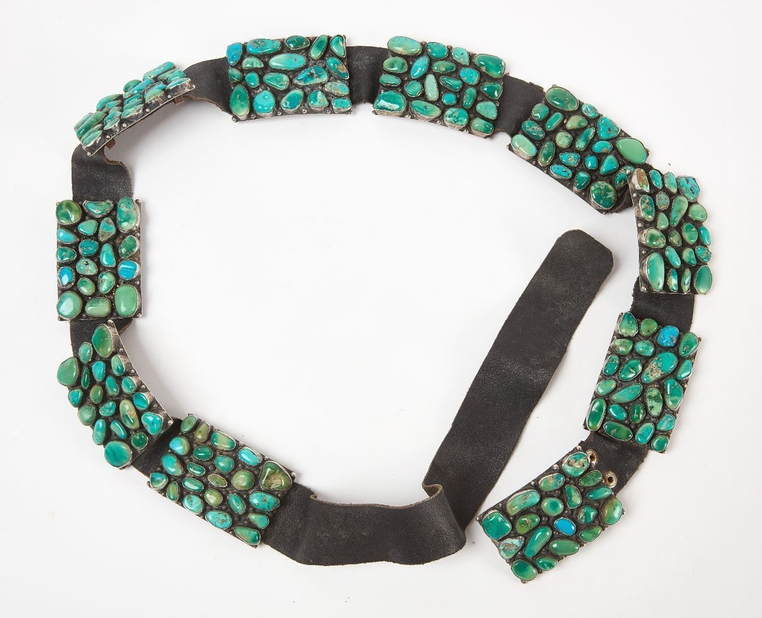 Native American Sterling Concho Belt with Turquoise: Native American concho belt. Sterling silver with inset turquoise on rectangular conchos. Southwestern US, mid 20th century. Overall: L 44 in. Conchos: L 1-3/4 in. W 2-1/2 in. Total Approx. Weight