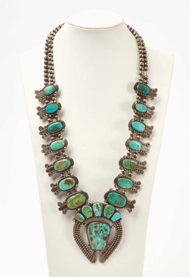 Native American Squash Blossom Necklace with Turquoise: Native American double-strand squash blossom necklace with turquoise. Southwestern US, circa 1930. L 15-5/8 in. Naja: L 3-1/2 in. Total Weight: 7.94 ozt.