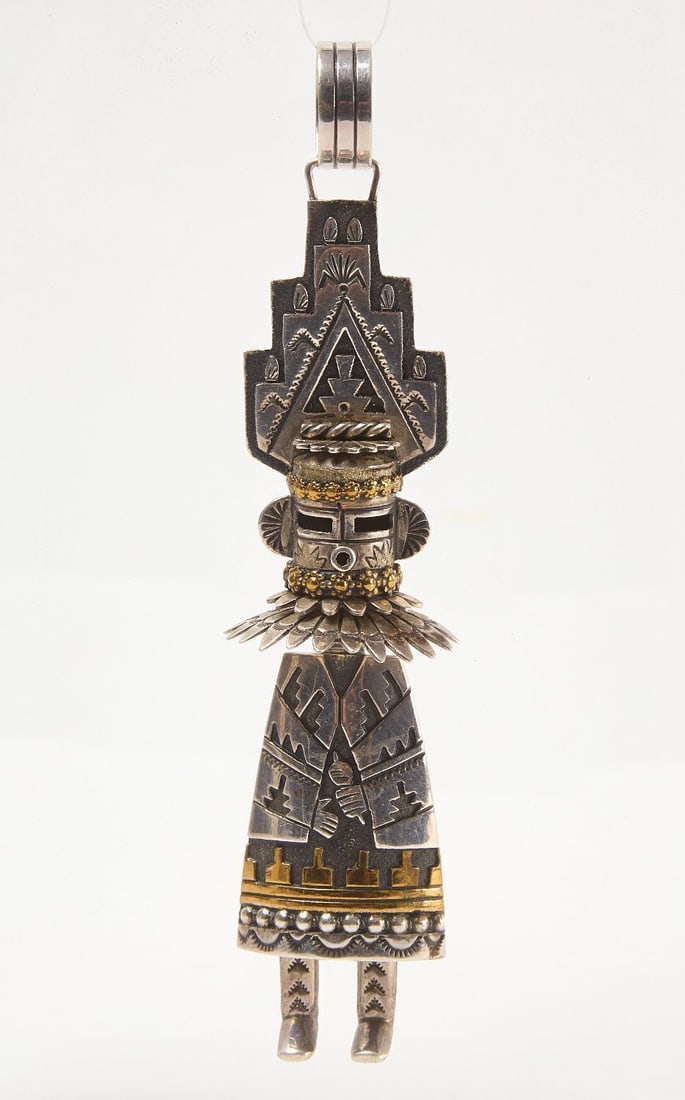 T. Singer Navajo Sterling and Gold Overlay Kachina Pendant: T. Singer (signed) sterling silver with gold overlay Kachina pendant. 20th century. L (incl. bail): 5-5/8 in. Weight: 1.76 ozt.